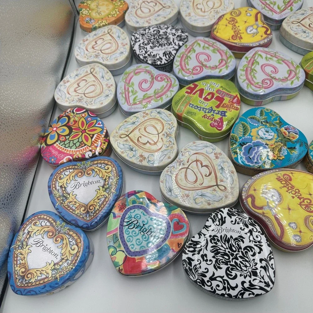 Brighton Heart Shaped Collectible Tins Lot of 30 Mixed Designs Floral Scroll Art